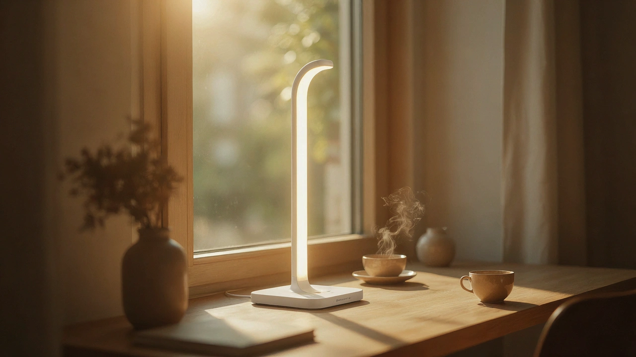 Une lampe de luminothérapie allumée sur un bureau au petit matin, lumière dorée